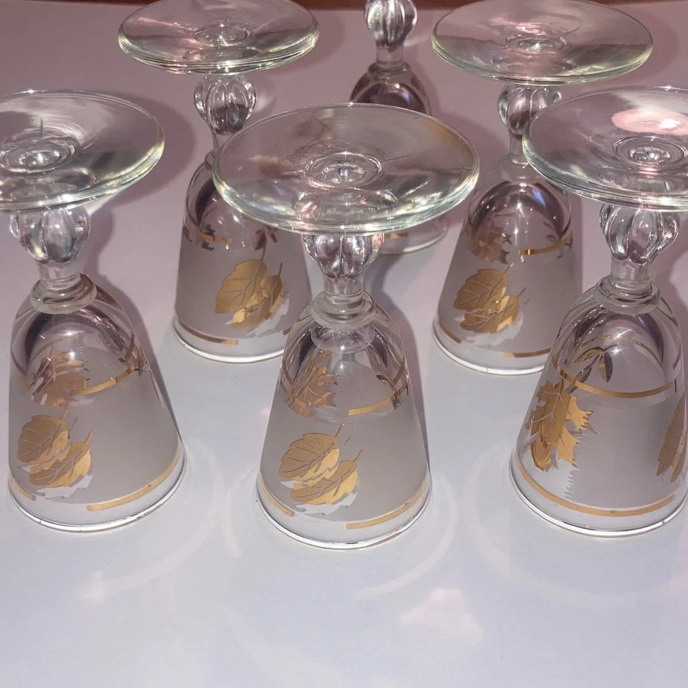Libbey’s Frosted Gold Plated Leaf Stemmed Vintage Shot Glasses Bundle of 6